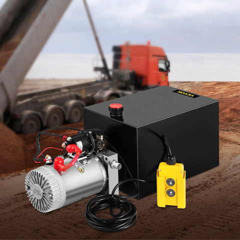 Single Acting 12V DC Hydraulic Pump Power Unit For Dump Trailer, 3.75 Gallon Capacity, Steel Construction, Fast Start, Built Tough