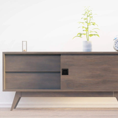 Modern wooden cabinet with Two And Three Quarters Inch Recessed Finger Flush Pocket Door Pulls In Matte Black Stainless Steel