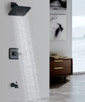 Dope Matte Black Tub Shower Faucet Set With 8 Inch Rain Shower Head shown in modern bathroom setting.