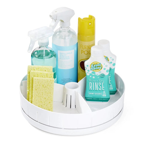 Under Sink Turntable Organizer With Adjustable Dividers, Lazy Susan For Kitchen Or Bathroom Storage, holds cleaning products