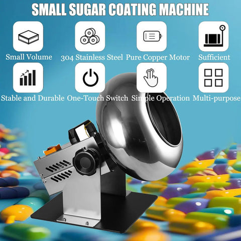 Heavy Duty Chocolate Sugar Coating Machine And Candy Polisher Straight Up Crafted From Food Grade 304 Stainless Steel, small volume with copper motor.