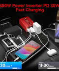 Heavy Duty 300W Car Power Inverter With Dual AC Outlets And Lightning Fast USB C PD 30W Plus Quick Charge USB A 18W Built For Tesla Model Y, with charging devices.