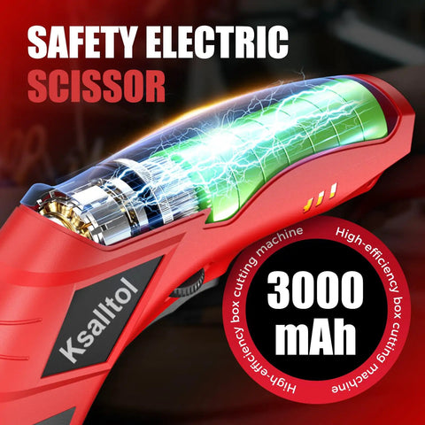 Heavy Duty Electric Box Cutter 3000mAh Cordless Cardboard Scissors With Safety Lock Rechargeable Battery For Leather Carpet Plastic Unpack And Crafts Quick High Speed Cutting Tool B-04 with blue and green electric indicator lights.