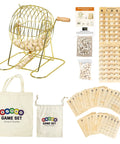 Deluxe Wooden Bingo Game Set With Large Metal Cage, 75 Balls, 25 Reusable Cards, Number Board, 700 Chips in bags and setup