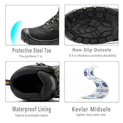Collage showing features of Waterproof Steel Toe Work Boots For Men 6 Inch: protective toe, non-slip outsole, waterproof lining, Kevlar midsole.