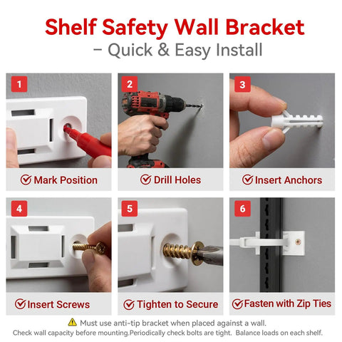 Shelf Safety Wall Bracket quick install steps for Heavy Duty Five Tier Garage Shelving Rack With 5000 Lbs Capacity Boltless Adjustable Metal Storage For Garage Warehouse Basement Shop Pantry 84 Inch High By 62 Inch Wide By 24 Inch Deep Black