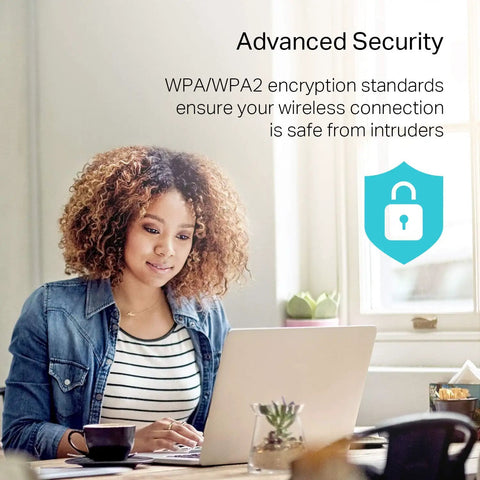Person using AC600 Dual Band USB WiFi Adapter at desk with laptop, highlighting advanced security features in bright room.