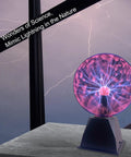 8 Inch Plasma Ball Light Lamp With Touch And Sound Sensitivity on table, lit with pink plasma streams against lightning-themed backdrop.