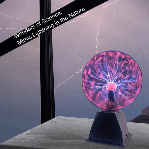 8 Inch Plasma Ball Light Lamp With Touch And Sound Sensitivity on table, lit with pink plasma streams against lightning-themed backdrop.