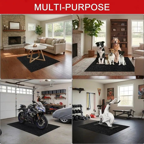 Oil Spill Mat For Garage Floor 64x32 Inches multi-purpose mat in various home settings including living room, garage, and gym.