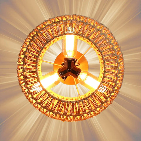 Boho Rattan Ceiling Light Fixture 3 Light 12.6 Inch Antique Brass Handmade Woven Semi Flush Mount illuminated from below