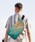 Man wearing Rowing Team Fanny Pack for Men and Women Ocean Landscape Waist Belt Bag Crossbody Great for Sports Travel Hiking Running Jogging Water Resistant Lightweight Everyday Carry
