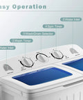 Chill Compact Twin Tub Washing Machine, 12 Lb Washer And 8 Lb Spinner Combo control panel with timer dials and water inlet features.