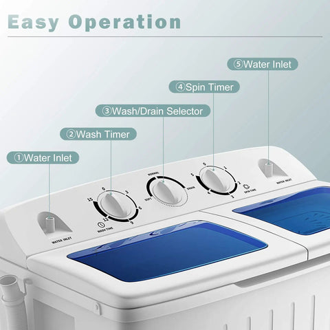Chill Compact Twin Tub Washing Machine, 12 Lb Washer And 8 Lb Spinner Combo control panel with timer dials and water inlet features.