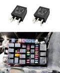 Heavy Duty 5 Pin 12 Volt 30 Amp Automotive Relay 2 Pack shown alongside vehicle fuse box for underhood use