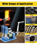 2 In 1 Jewelry Rolling Mill And Ring Bender, Adjustable Hand Crank Bracelet Forming Machine with red knobs, showed with rings, necklaces, bracelets, and earrings.