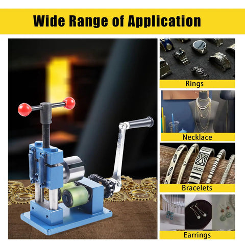 2 In 1 Jewelry Rolling Mill And Ring Bender, Adjustable Hand Crank Bracelet Forming Machine with red knobs, showed with rings, necklaces, bracelets, and earrings.