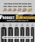 Six Piece Five Foot Silicone Vacuum Hose Kit With Sizes From One Eighth To Three Eighths Inch Includes Twenty Four Hose Clamps And Sixty Four Connectors The Easy Automotive Vacuum Line Repair Set For DIY Projects And Car Maintenance with product dimensions displayed.