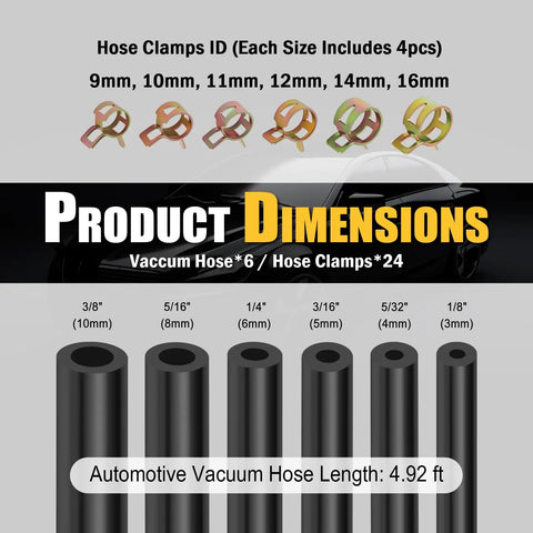 Six Piece Five Foot Silicone Vacuum Hose Kit With Sizes From One Eighth To Three Eighths Inch Includes Twenty Four Hose Clamps And Sixty Four Connectors The Easy Automotive Vacuum Line Repair Set For DIY Projects And Car Maintenance with product dimensions displayed.