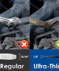 Comparison of Ultra Slim 9 Piece SAE Open End Wrench Set with standard wrench in tight gap, showing thinness advantage