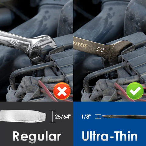 Comparison of Ultra Slim 9 Piece SAE Open End Wrench Set with standard wrench in tight gap, showing thinness advantage
