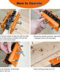 Self Centering Dowel Jig Kit With Drill Guide Bushings For Woodworking Pros, Six Hardened Steel Bushings And Drill Hole Sizes From One Quarter To One Half Inch, Dowel Jigs And Woodworking Tools For DIY Makers shown in a step-by-step guide.