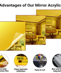Gold acrylic mirror sheets, front view; 3-pack of 8x8 inch panels with protective film