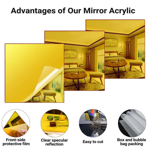 Gold acrylic mirror sheets, front view; 3-pack of 8x8 inch panels with protective film