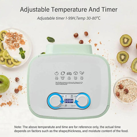 Built Tough 5 Tray Food Dehydrator With No Fuss Digital Timer And Precise Temperature Control controls and temperature settings display.