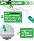 All In One Golf Grip Regripping Kit For Home Use With Hook Blade 15 Or 30 Tape Strips 5 Or 8 Oz Solvent Grip Tape Remover Bench Vise And Rubber Clamp For Easy Club Overhaul showing solvent application instructions.