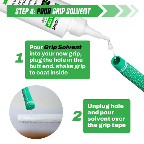 All In One Golf Grip Regripping Kit For Home Use With Hook Blade 15 Or 30 Tape Strips 5 Or 8 Oz Solvent Grip Tape Remover Bench Vise And Rubber Clamp For Easy Club Overhaul showing solvent application instructions.