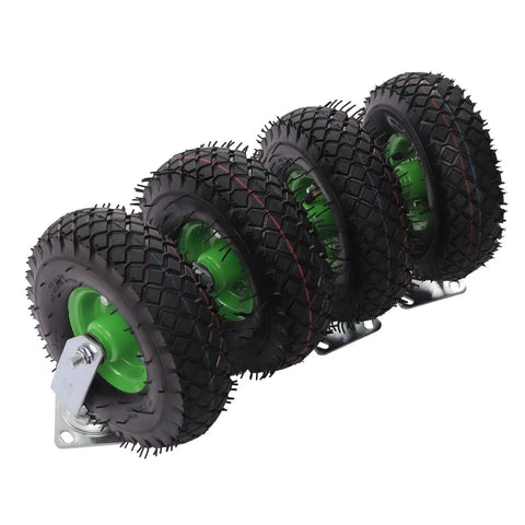 Smooth Operator Heavy Duty Pneumatic Casters 10 Inch Air Tire Wheels Bolt On Setup Swivel And Rigid Set Black Rubber Tires on galvanized brackets.