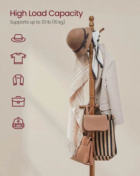 Solid Wood Coat Rack With Ten Hooks Free Standing Hall Tree For Hats Bags Purses Entryway And Hallway Rubberwood Caramel Brown Heavy Duty Stable Design With 2 Inch Thick Pole And Wide Tri Leg Base holding hats and coats.