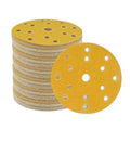 Get Your Hands On 50 Pack Of 6 Inch Sanding Discs With 15 Holes For Super Smooth Finish And Fast Work On Wood Metal Or Plastic Projects Using Grit Ranges From 60 To 400 For Every Job You Hit, showing stacked discs and one close-up.