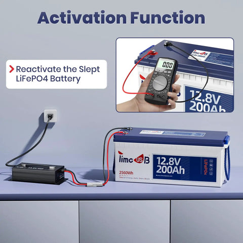 Heavy Hitter 12V 40A LiFePO4 Battery Charger For 14.6V Lithium Batteries reactivating LiFePO4 battery with multimeter connection.