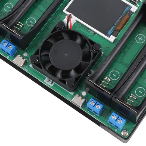 Straight Up Battery Diagnostics With This 4 Channel Capacity Tester Module showing PCB layout with cooling fan and connectors.