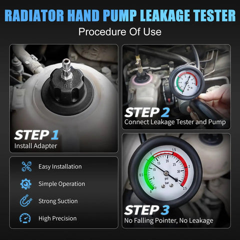 All In One Radiator Pressure Leak Tester And Vacuum Cooling System Purge Kit shown in use steps with adapter and gauge.