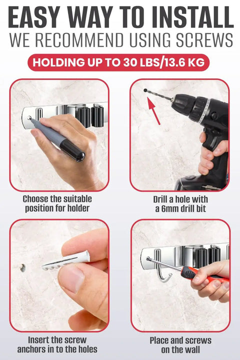 Installation steps for heavy duty mop and broom holder wall mount with stainless steel five rack organizer and four hooks.