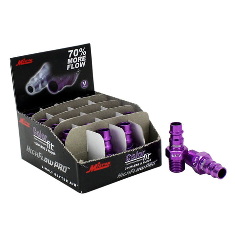 Front view of Milton ColorFit HighFlowPro purple 1/4in NPT plugs, box of 20