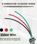 Power Whip Assembly Kit Half Inch By Six Foot Non Metallic Liquid Tight Flexible Electrical Conduit With Ten AWG Copper Wire Three Conductors Red Black Green THHN THWN UL Listed No Fuss Setup - close-up of 3-conductor wires