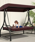 Child on 3-Seat Outdoor Patio Swing Glider With Heavy Duty Steel Frame And Adjustable Canopy Removable Cushions All Weather
