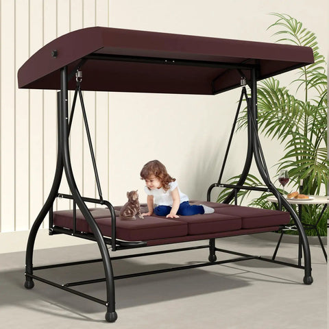 Child on 3-Seat Outdoor Patio Swing Glider With Heavy Duty Steel Frame And Adjustable Canopy Removable Cushions All Weather