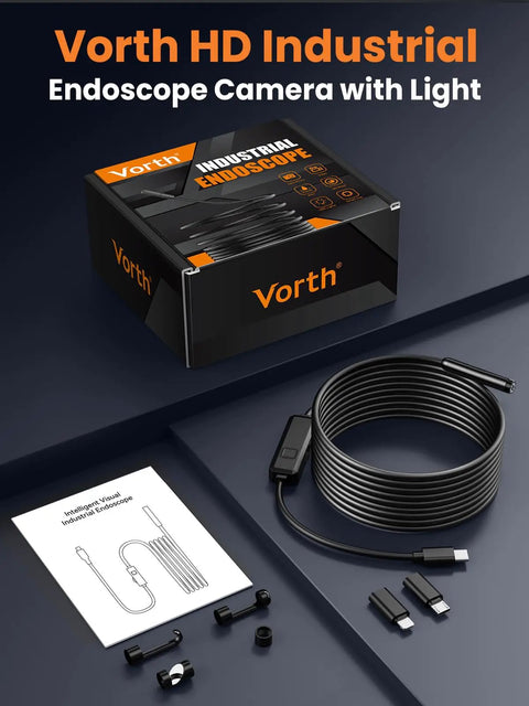 Endoscope Cam With Light 1920P Borescope Eight LED Lights 33 Ft Semi-Rigid Snake Inspection Camera IP67 Waterproof kit with components