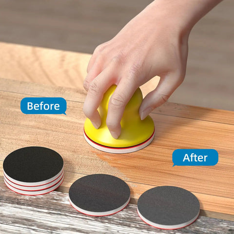 Using 32-Piece 3-Inch Hook And Loop Sanding Sponge Discs Kit With 180 To 3000 Grit Wet Dry Pads on wood surface