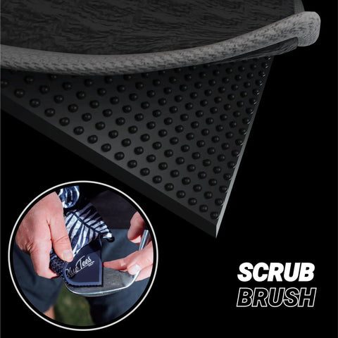 Close-up of Premium Magnetic Golf Towel with brush groove cleaner and clip, featuring microfiber waffle texture and silicone brush.