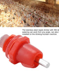 Real Deal 100 Pack Stainless Steel Poultry Water Nipplers close-up showing red nipple drinker for backyard chickens and farm flock.
