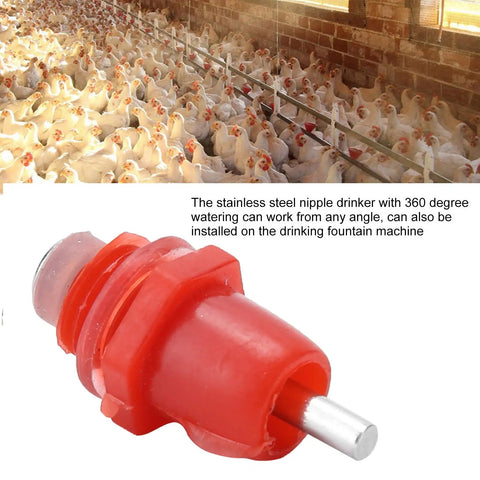Real Deal 100 Pack Stainless Steel Poultry Water Nipplers close-up showing red nipple drinker for backyard chickens and farm flock.