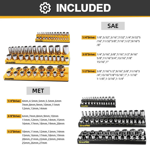 Magnetic Socket Organizer Set For Toolbox Drawer 6pc Includes 3 Metric And 3 SAE Magnetic Holders with socket sizes listed.