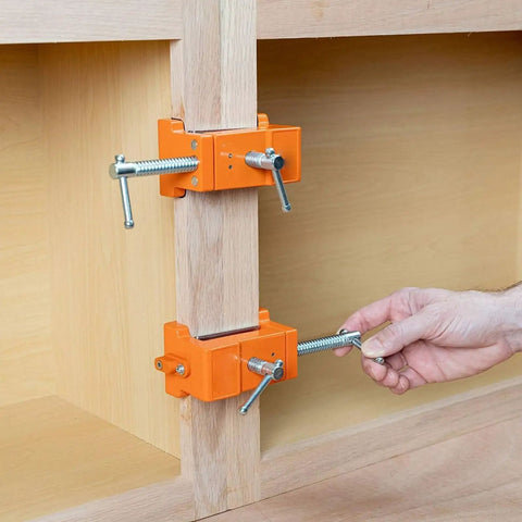 Badass Cabinet Clamps 2 Pack For Real Woodworking Projects With Flip Side Pilot Drill Guide Heavy Duty Aluminum Build 440 Pound Holding Power Fits One Point Five To Two Inch Door Stiles, securing wooden panels.