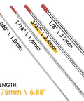 Different sizes of TIG tungsten electrodes shown, including 3/32 Inch By 7 Inch Red EWTh-2 TIG Tungsten Electrodes 10 Pack Vacuum Sealed